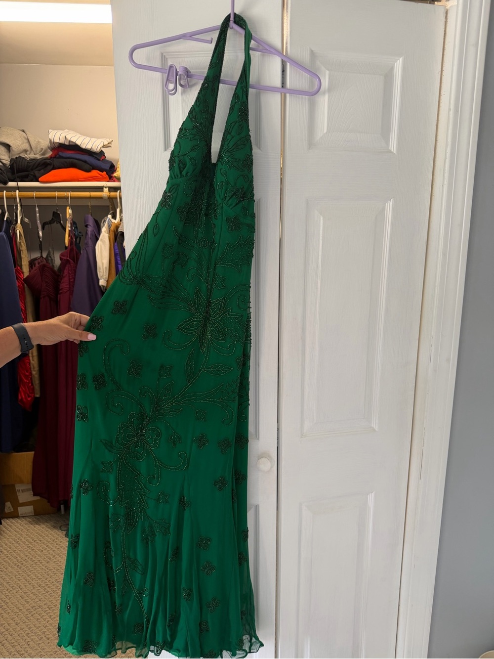 Sean Collection Emerald One-Shoulder Beaded Evening Gown